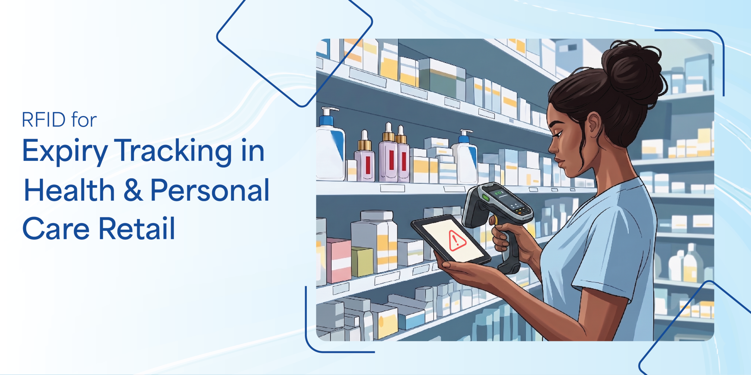 Staff member uses an RFID scanner to check expiry dates on health and personal care products on a store shelf.